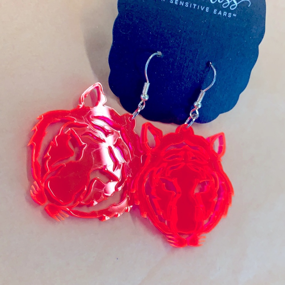 Neon Pink Translucent Tiger Dangle Earrings